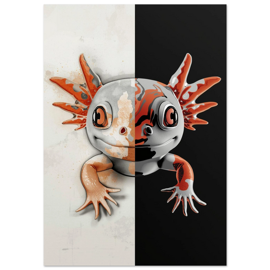 Axolotl i dualistisk design med vit bakgrund och orangea detaljer