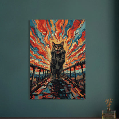 Expressionistisk katt med öppen mun och uppsträckta tassar, dramatiska färger.