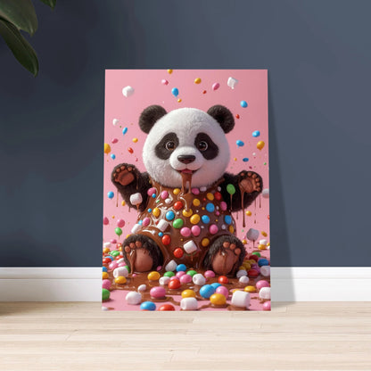 Söt panda täckt av choklad och färgglatt godis, lekfull stämning