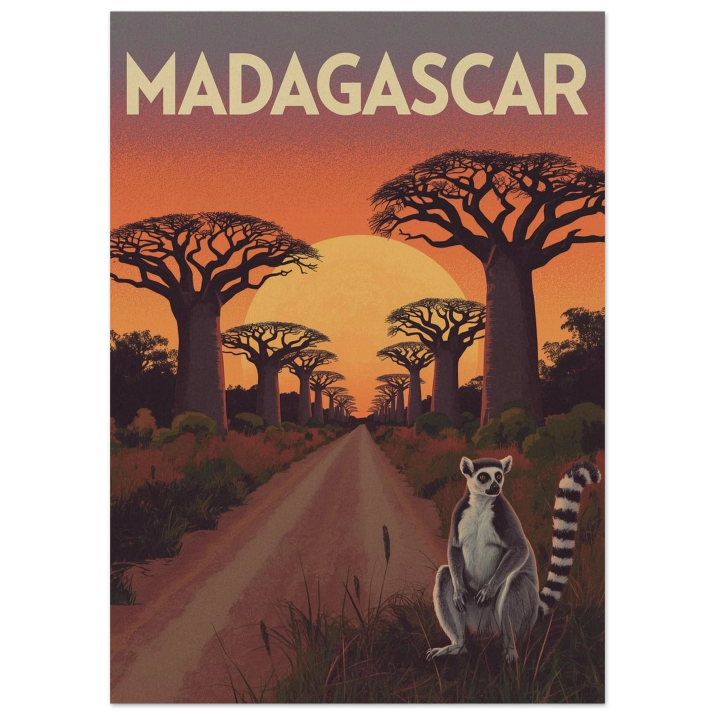 Exotisk illustration av en lemur på Madagaskar med orange kvällshimmel