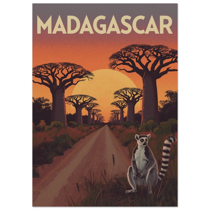 Exotisk illustration av en lemur på Madagaskar med orange kvällshimmel