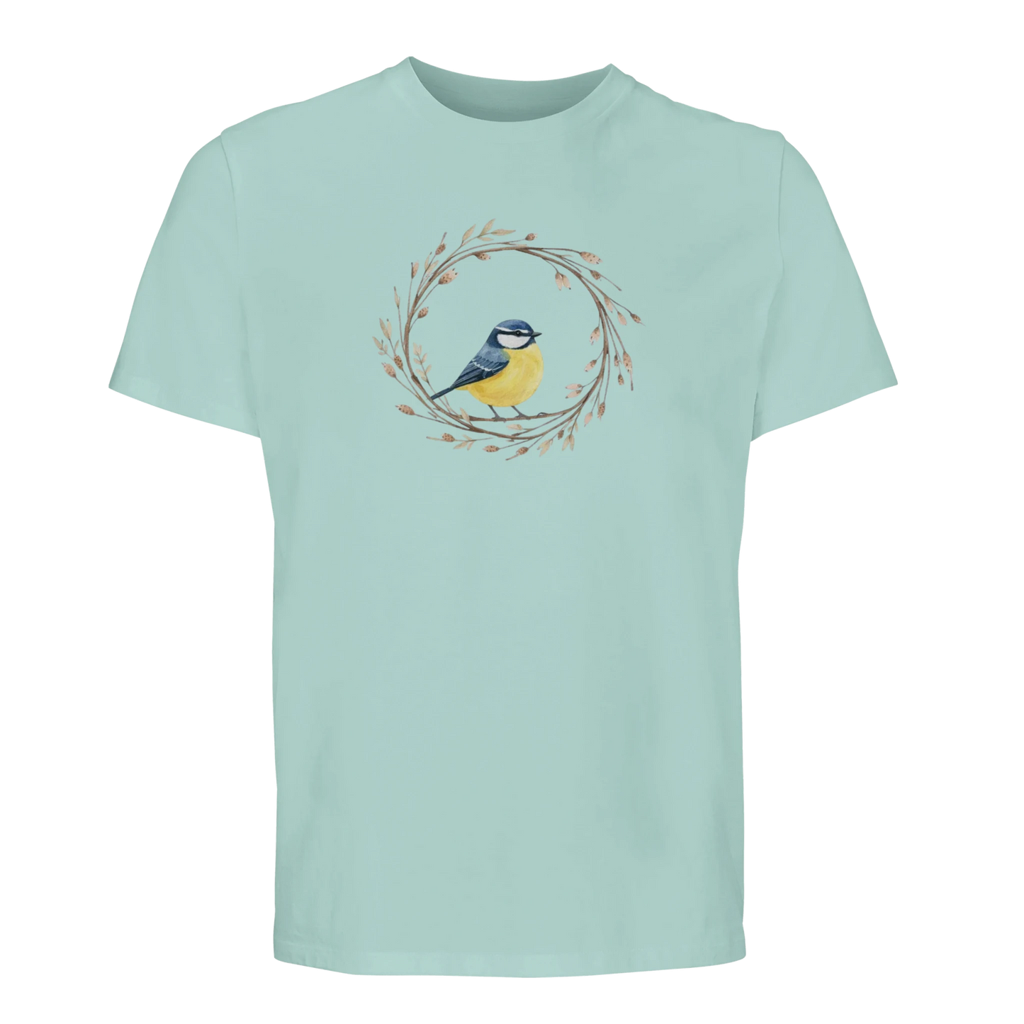 Ljusblå t-shirt med handmålad blåmes, stilren design i ekologisk bomull