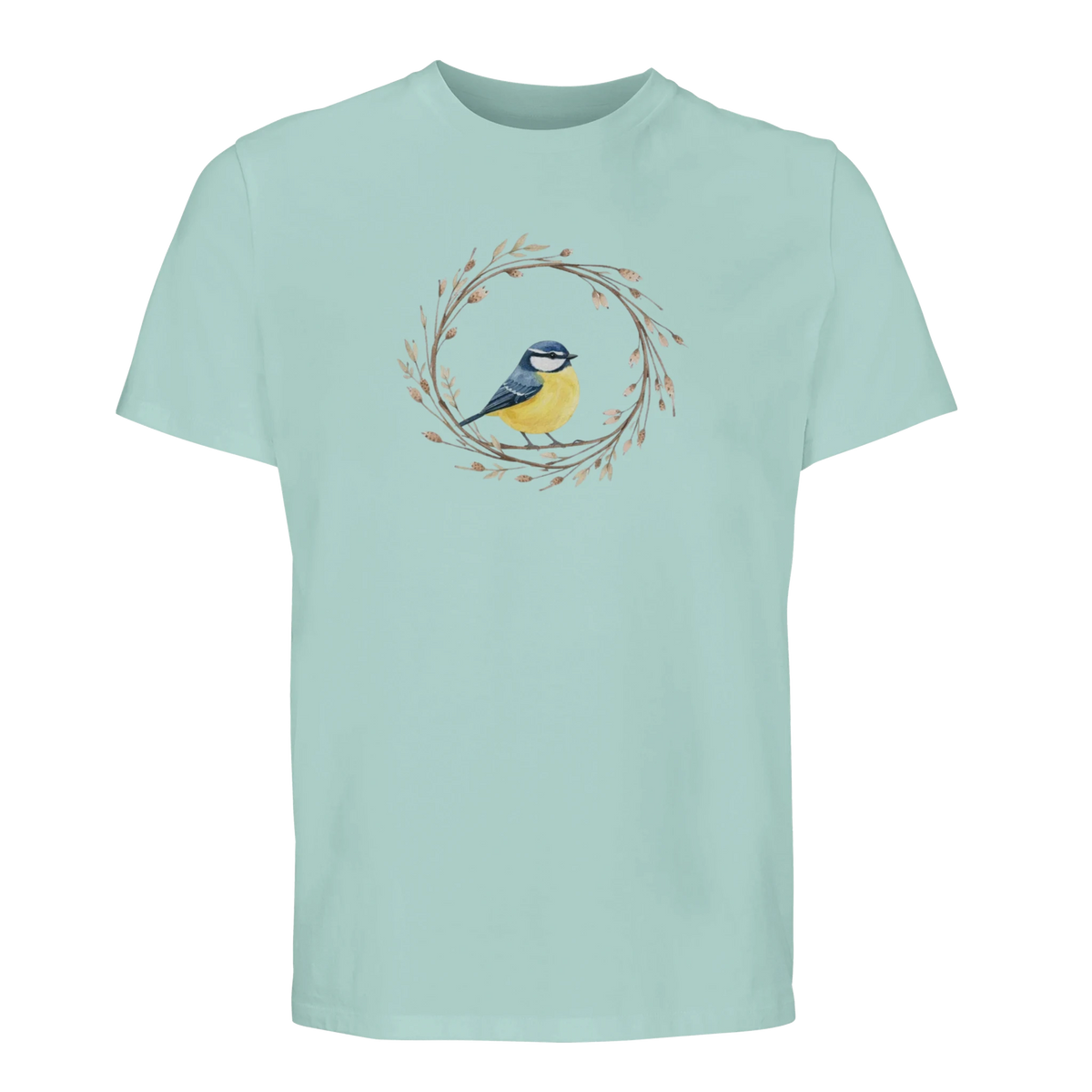 Ljusblå t-shirt med handmålad blåmes, stilren design i ekologisk bomull