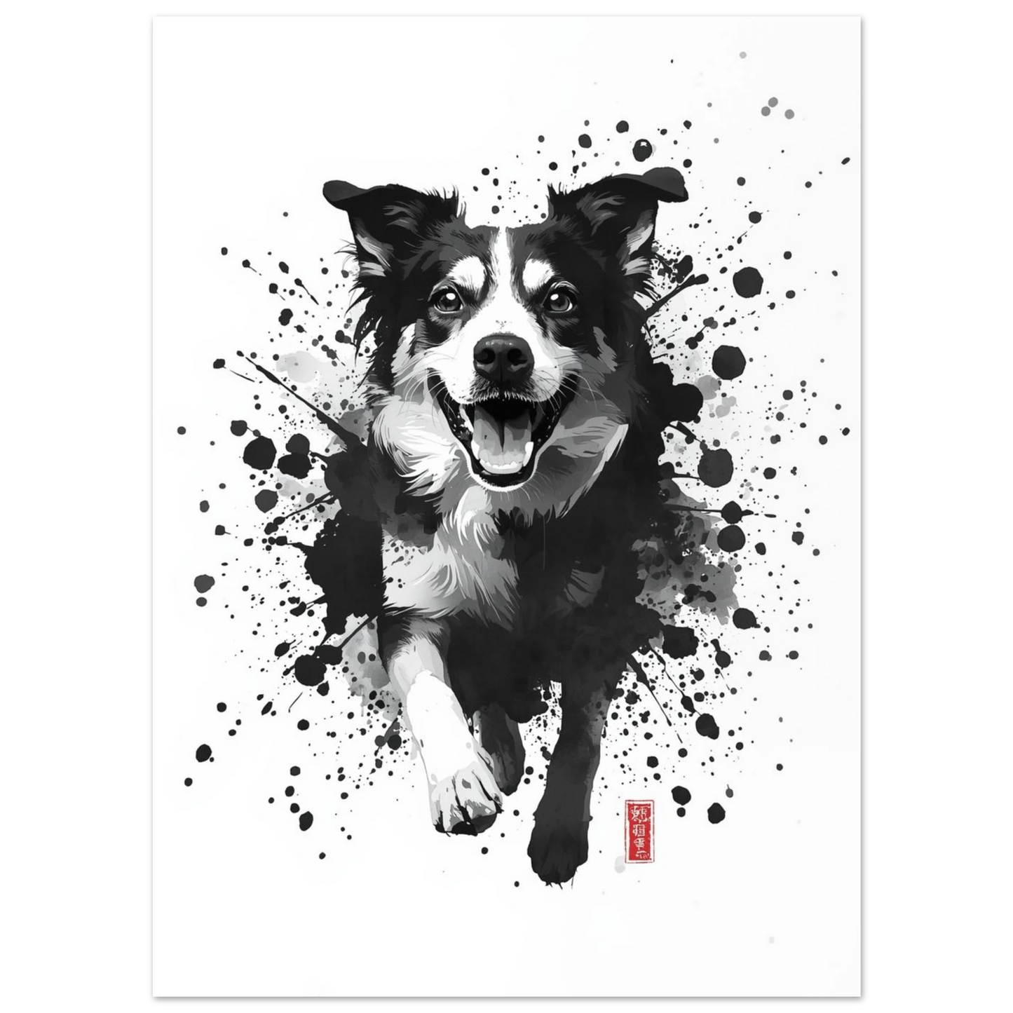 Border collie-liknande hund fångad i ett moln av färgstänk – målad poster