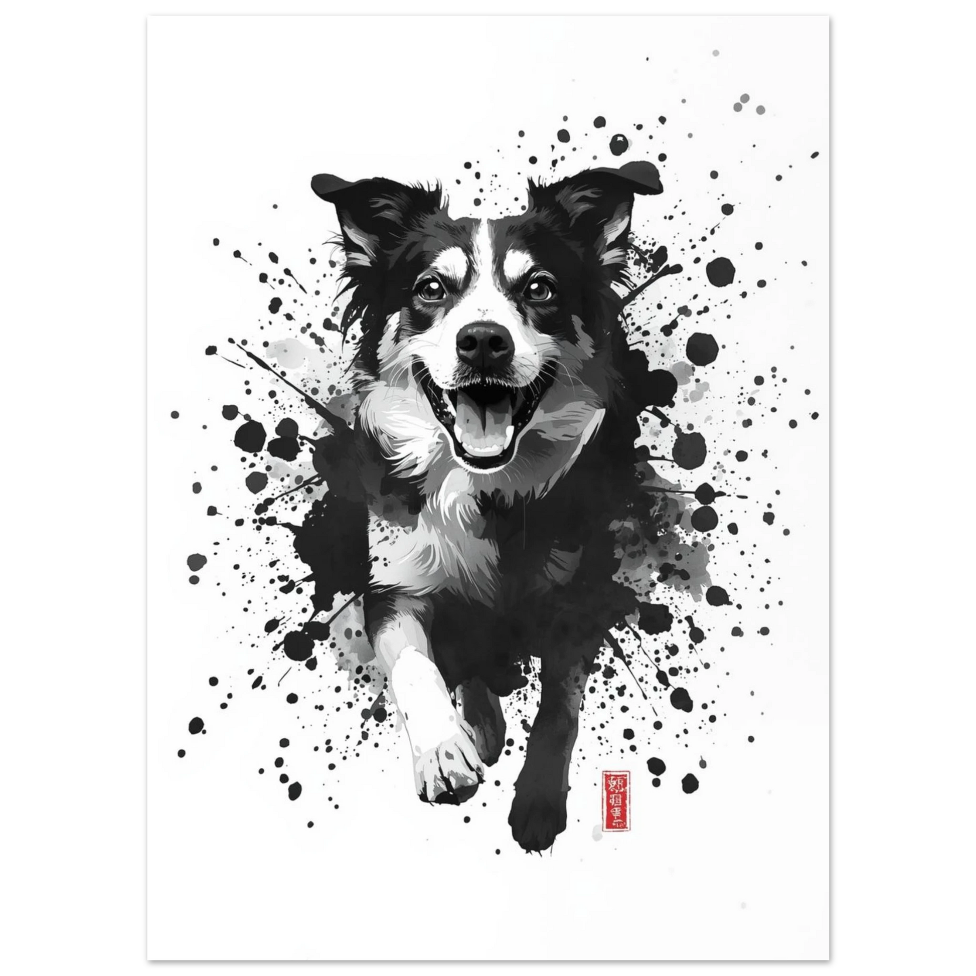 Border collie-liknande hund fångad i ett moln av färgstänk – målad poster