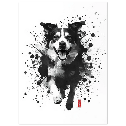 Border collie-liknande hund fångad i ett moln av färgstänk – målad poster
