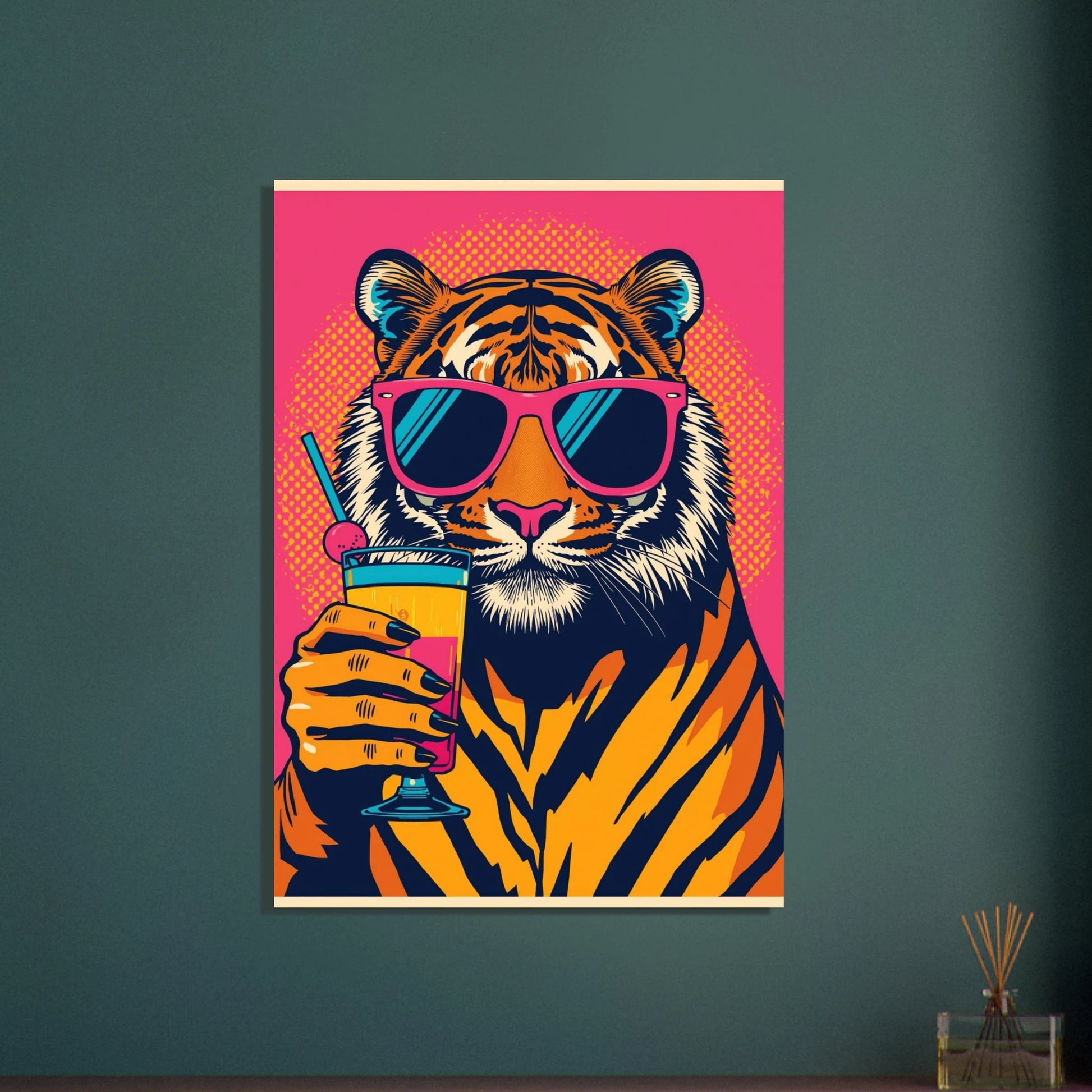 Popkonst tiger med solglasögon och drink, lekfullt djurmotiv