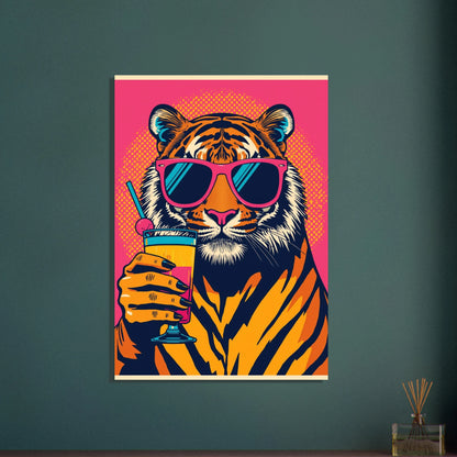 Popkonst tiger med solglasögon och drink, lekfullt djurmotiv