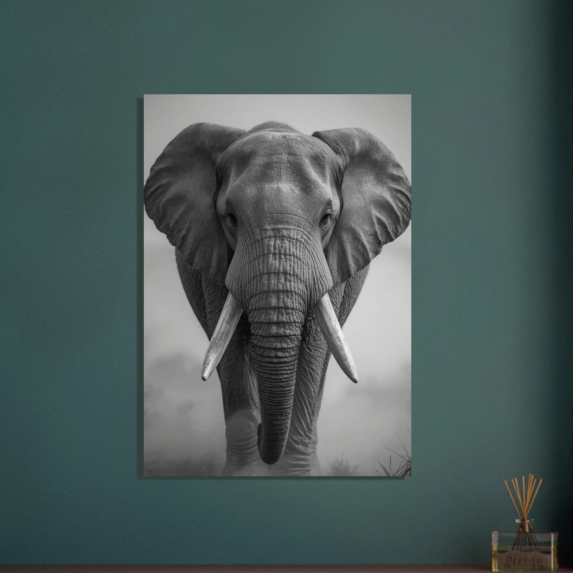 Afrikansk elefant i svartvitt, majestätisk och kraftfull, med betar