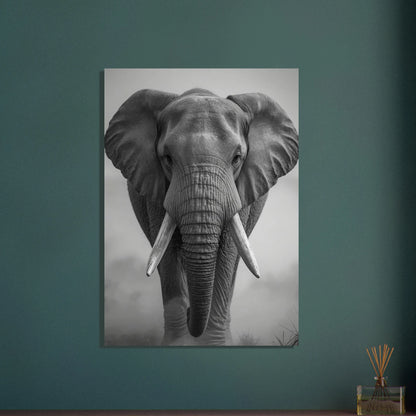 Afrikansk elefant i svartvitt, majestätisk och kraftfull, med betar