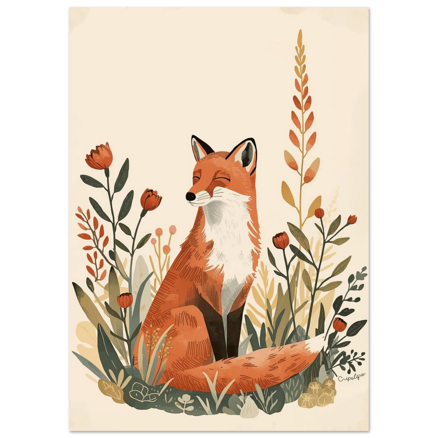 Sagolik rävposter med jordnära färger och botaniska detaljer i vintage-stil