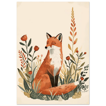 Sagolik rävposter med jordnära färger och botaniska detaljer i vintage-stil