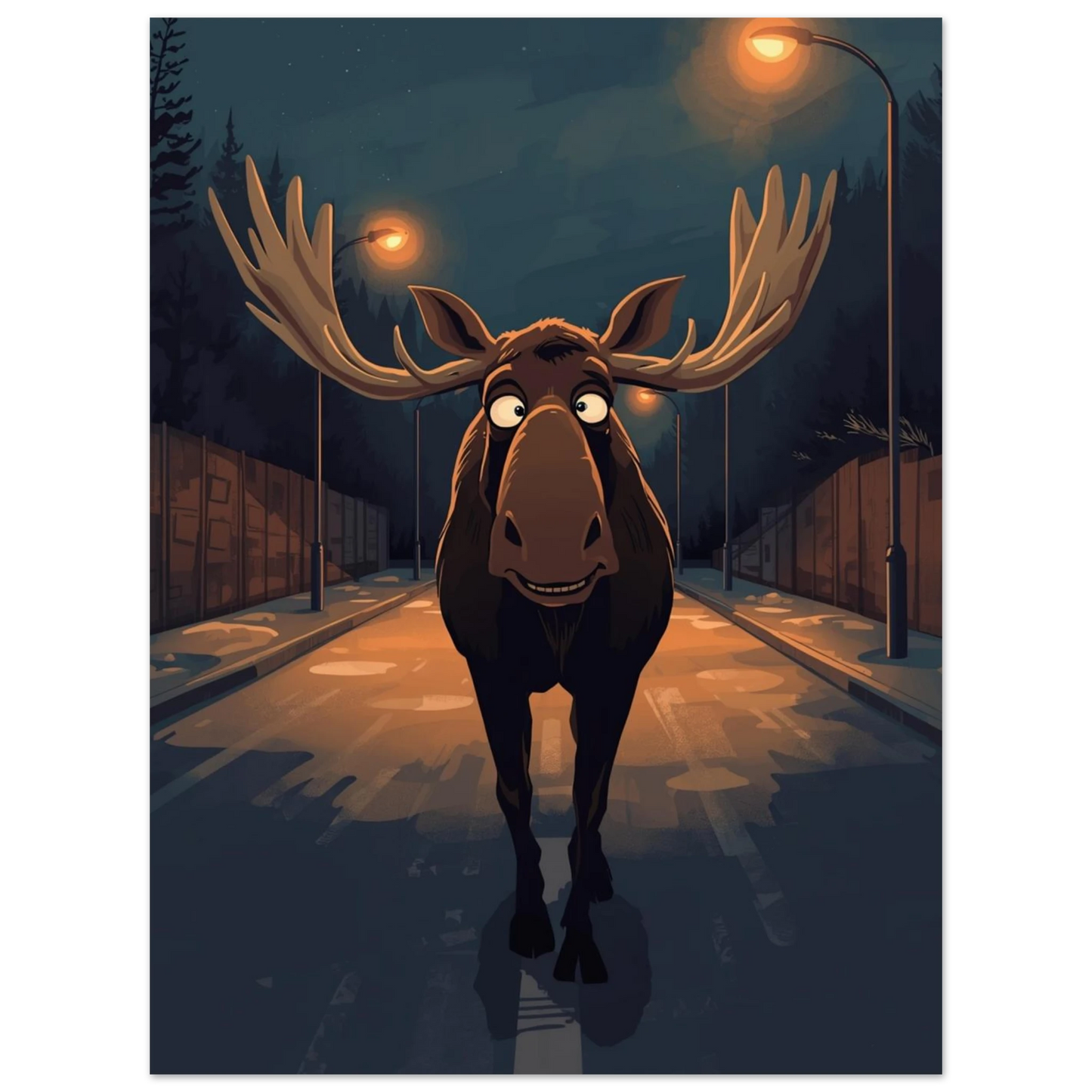 Charmig älg med stora horn i urban miljö, lekfullt djurmotiv