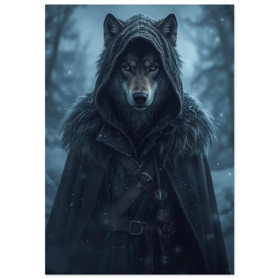 Varg i mörkgrå huva och mantel mot en dimmig skog – fantasy djurposter