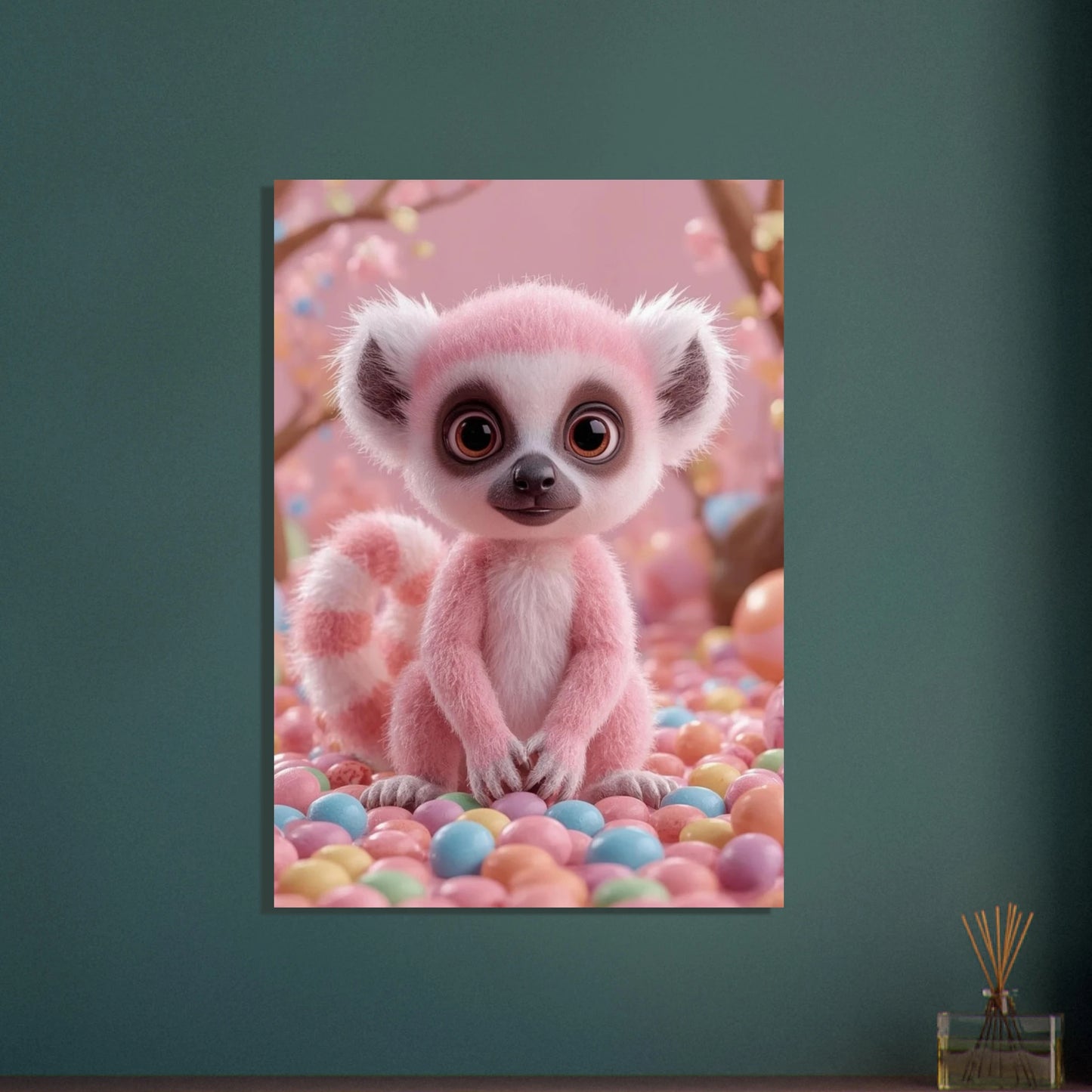 Söt rosa lemur bland färgglada godisbitar, lekfullt djurmotiv