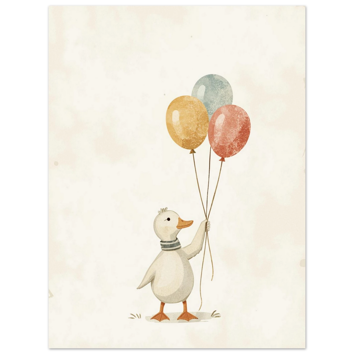 Lekfull barnrumstavla med en vit anka och ballonger i gult och rött