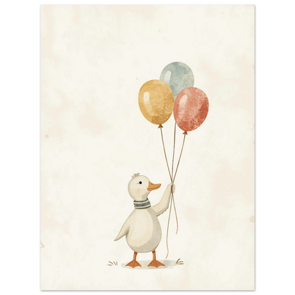 Lekfull barnrumstavla med en vit anka och ballonger i gult och rött