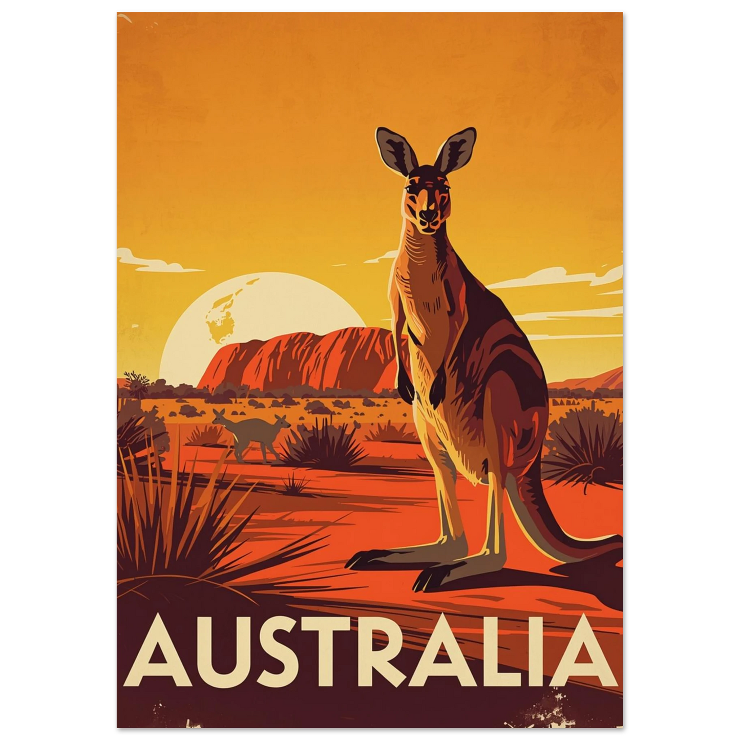 Stolt känguru i australiensiska outbacken, retro illustration med varma färger