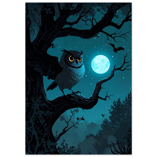 Uggla på gren i mörkblå natt med lysande fullmåne – djurposter