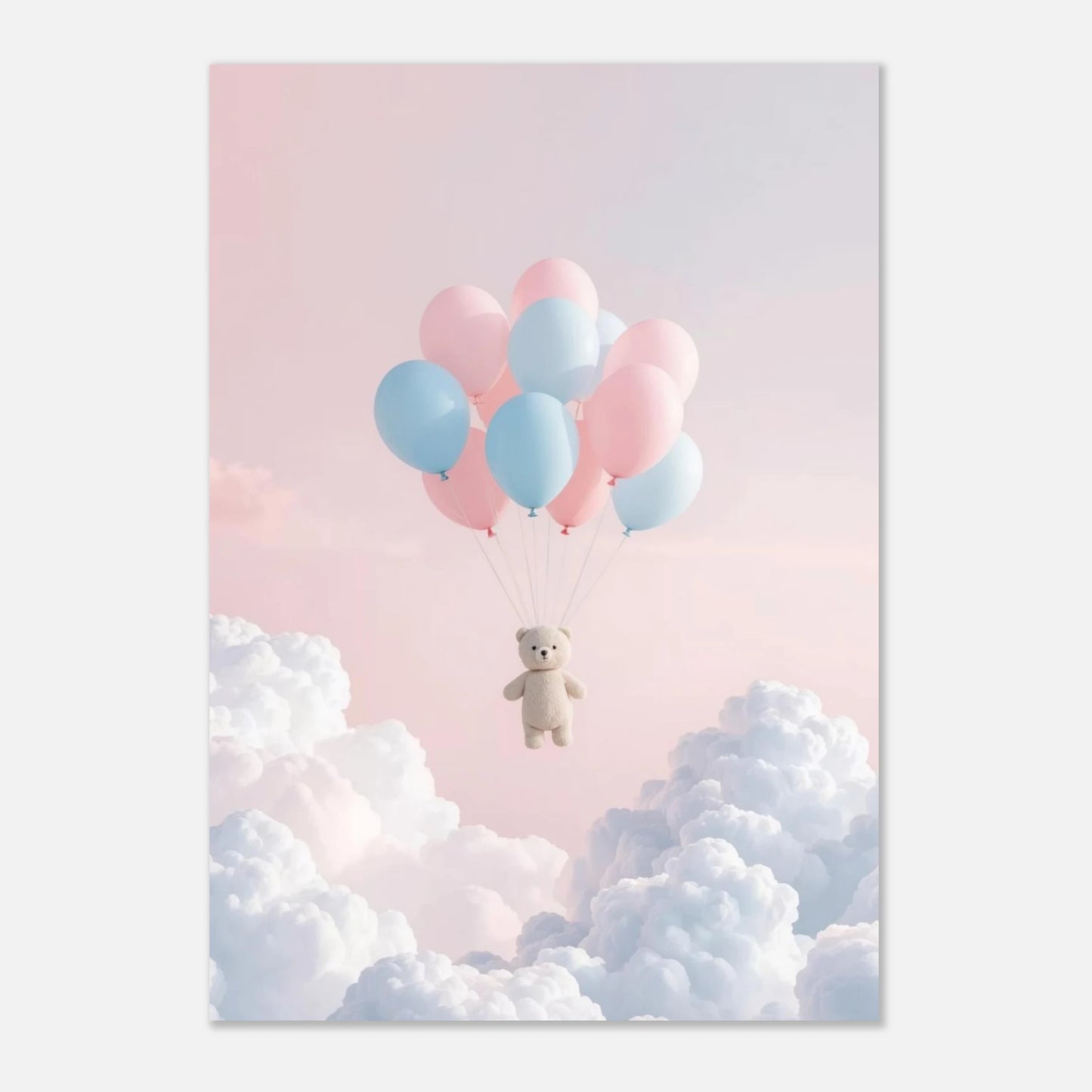 Minimalistisk barnposter med en flygande björn och färgglada ballonger