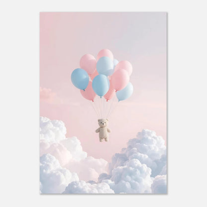 Minimalistisk barnposter med en flygande björn och färgglada ballonger