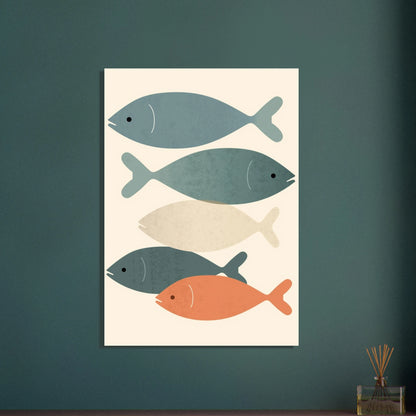 Abstrakta fiskar i skandinavisk stil, lugn och harmonisk design.