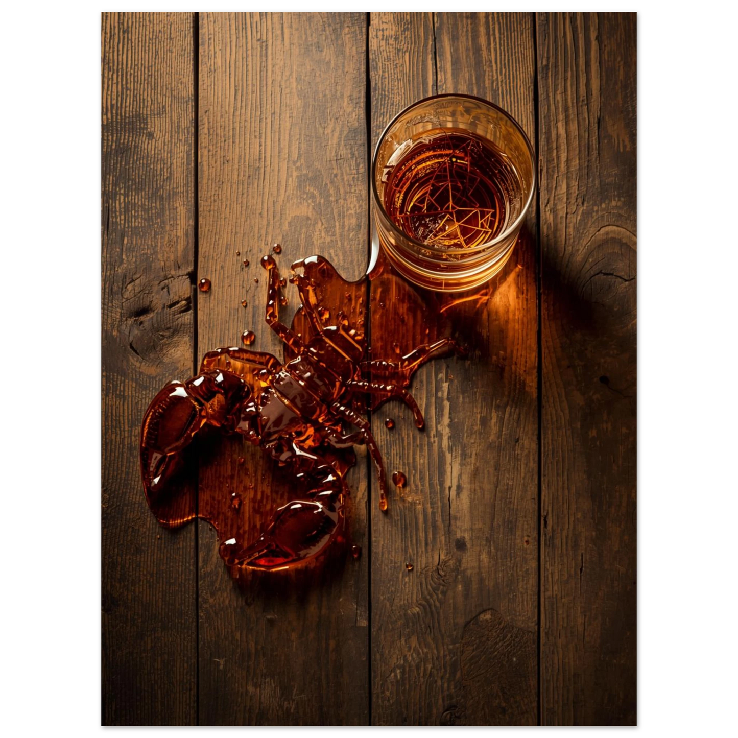 Stämningsfullt stilleben med whiskeyglas och en kräfta av spilld vätska