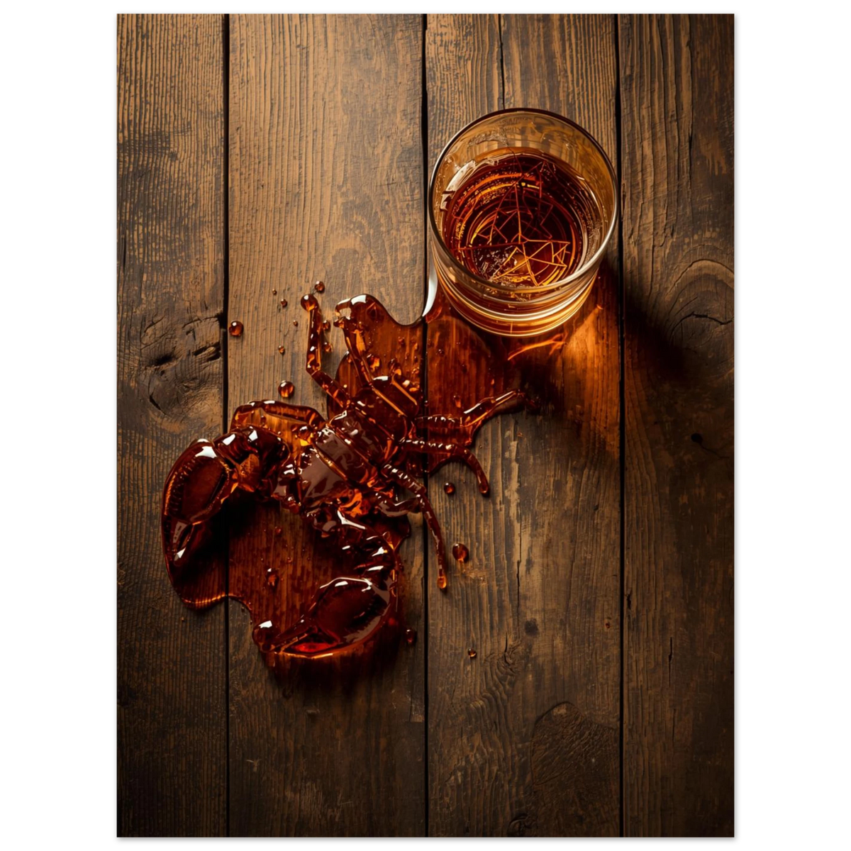 Stämningsfullt stilleben med whiskeyglas och en kräfta av spilld vätska