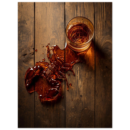 Stämningsfullt stilleben med whiskeyglas och en kräfta av spilld vätska