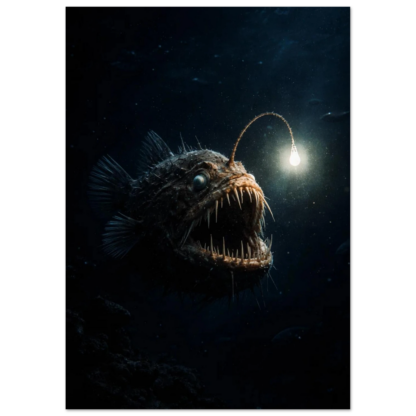 Marulk med småfisk i bakgrunden, belyst av sitt eget ljus i totalt mörker – Fotorealistisk poster