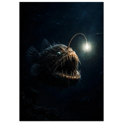 Marulk med småfisk i bakgrunden, belyst av sitt eget ljus i totalt mörker – Fotorealistisk poster