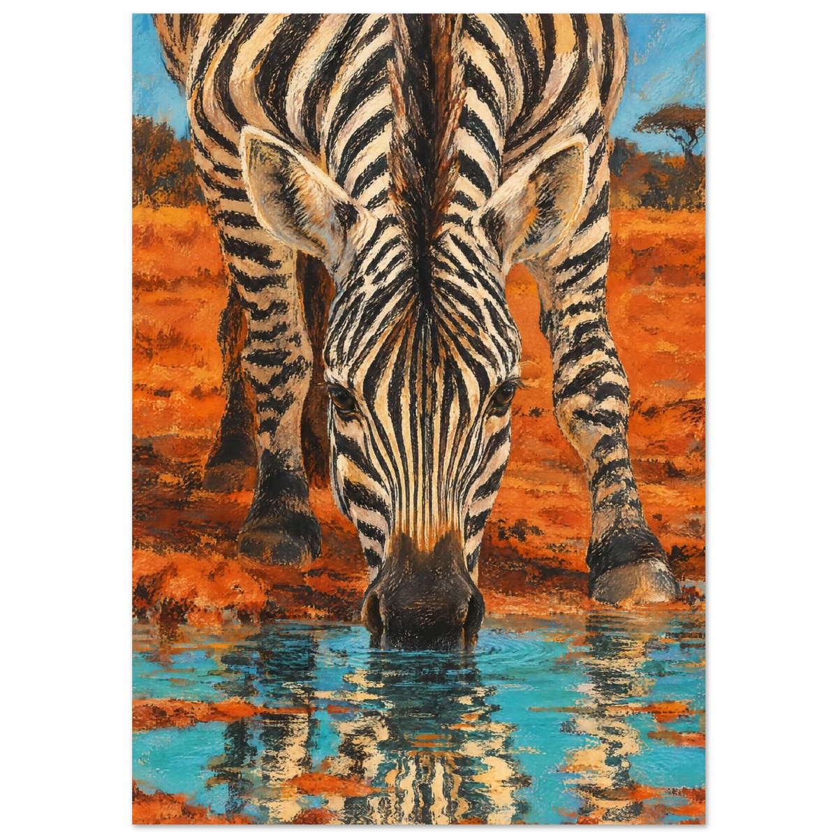 Zebra vid vattenhål speglad i turkost vatten i konstnärlig stil