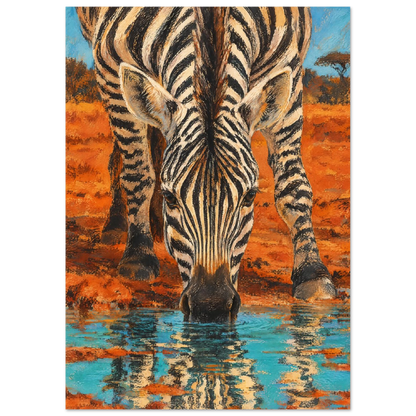 Zebra vid vattenhål speglad i turkost vatten i konstnärlig stil