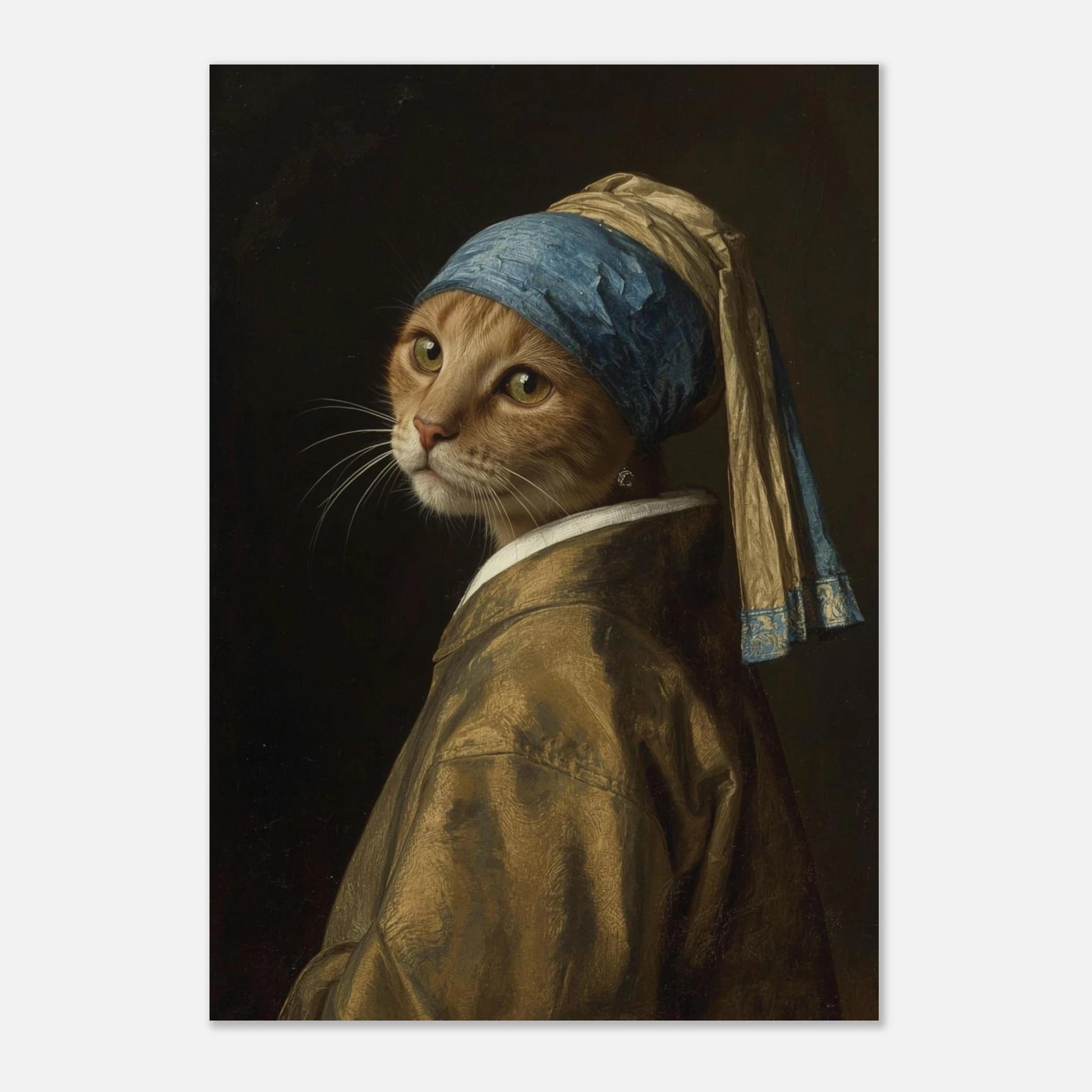 Konstposter med katt som imiterar Vermeers mästerverk i mörka toner