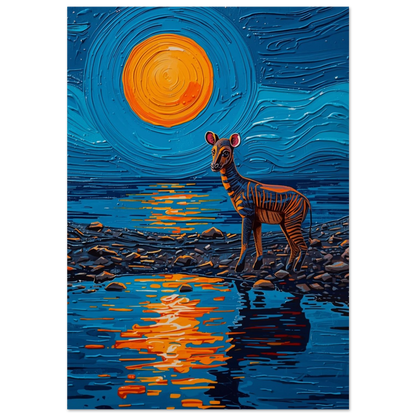 Okapi vid vattenbrynet under en stor orange måne, impasto-stil