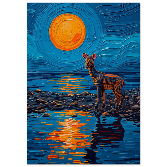 Okapi vid vattenbrynet under en stor orange måne, impasto-stil