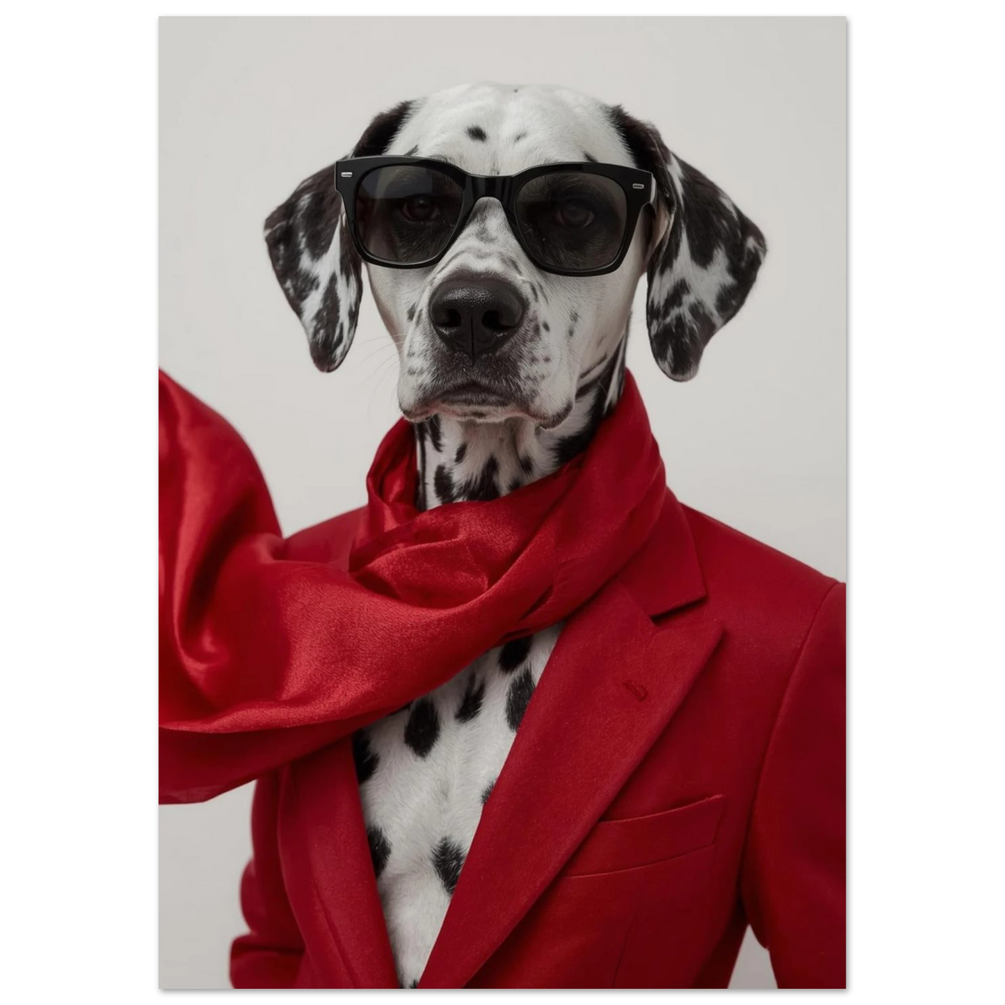 Trendig hund i röd outfit och svarta glasögon, fotokonst