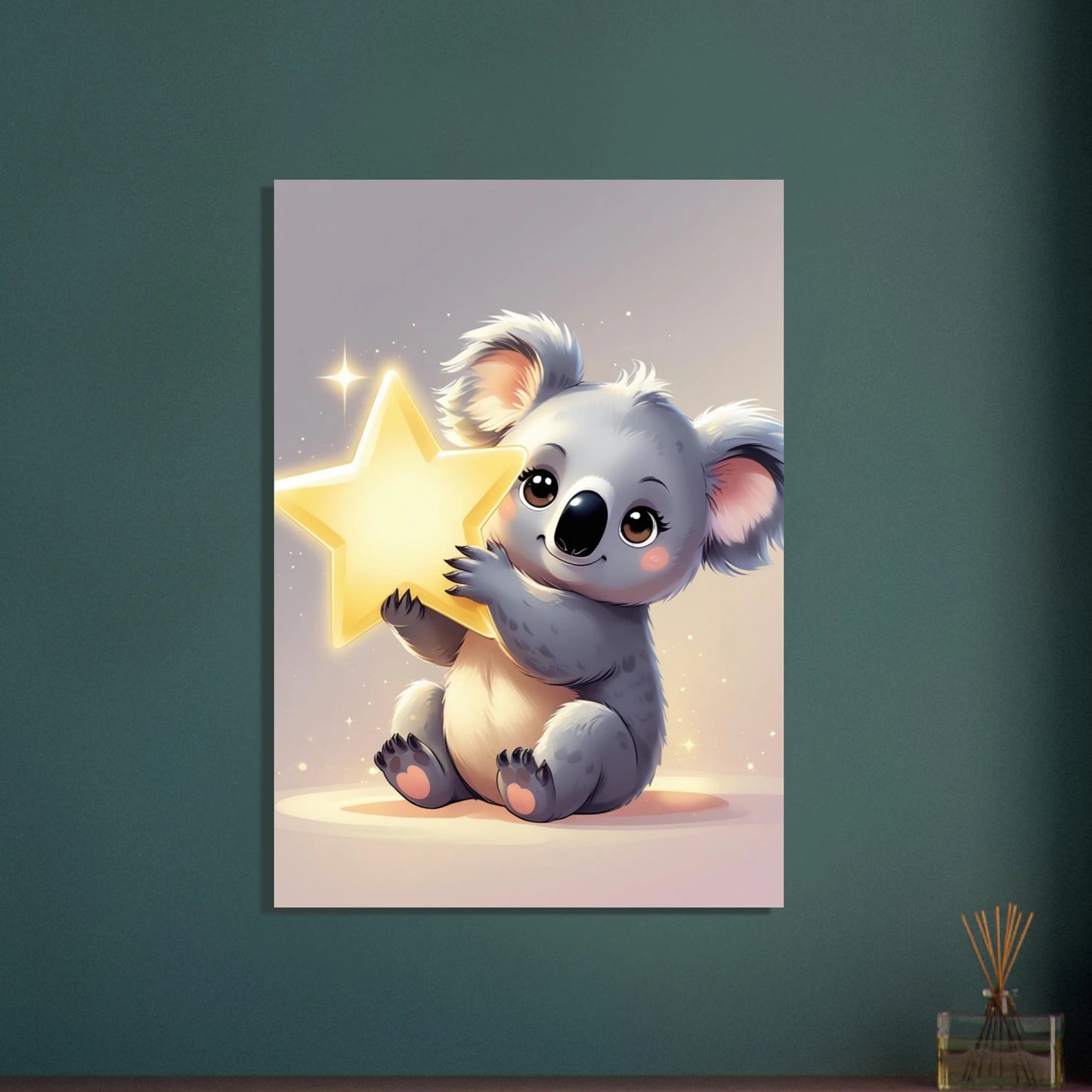 Söt koala som håller en glödande guldstjärna, magisk stämning