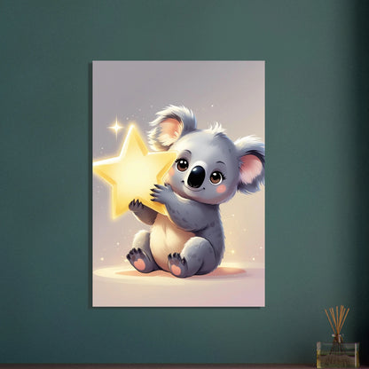 Söt koala som håller en glödande guldstjärna, magisk stämning