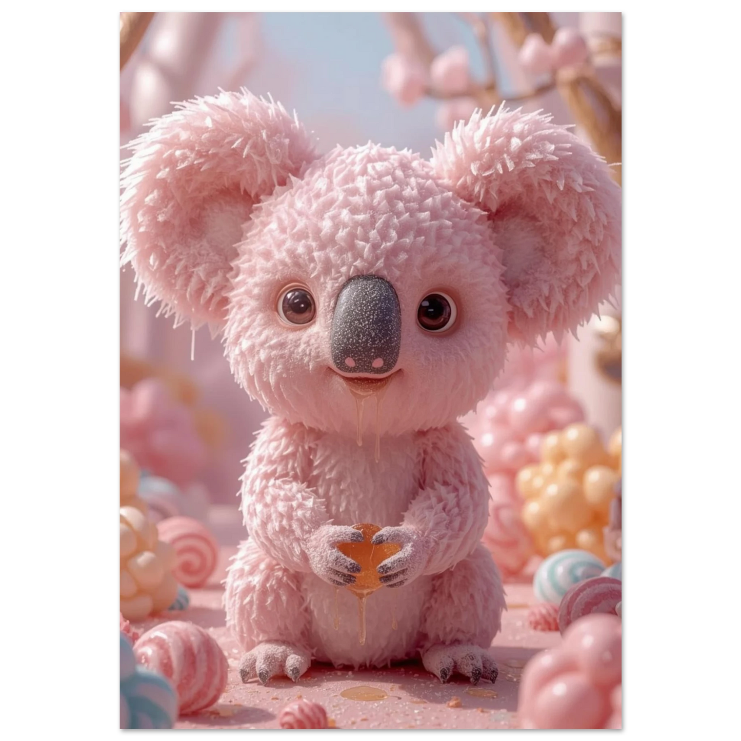Rosa koala av sockervadd i en fantasifull godisvärld – digital illustration