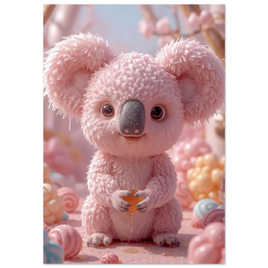 Rosa koala av sockervadd i en fantasifull godisvärld – digital illustration