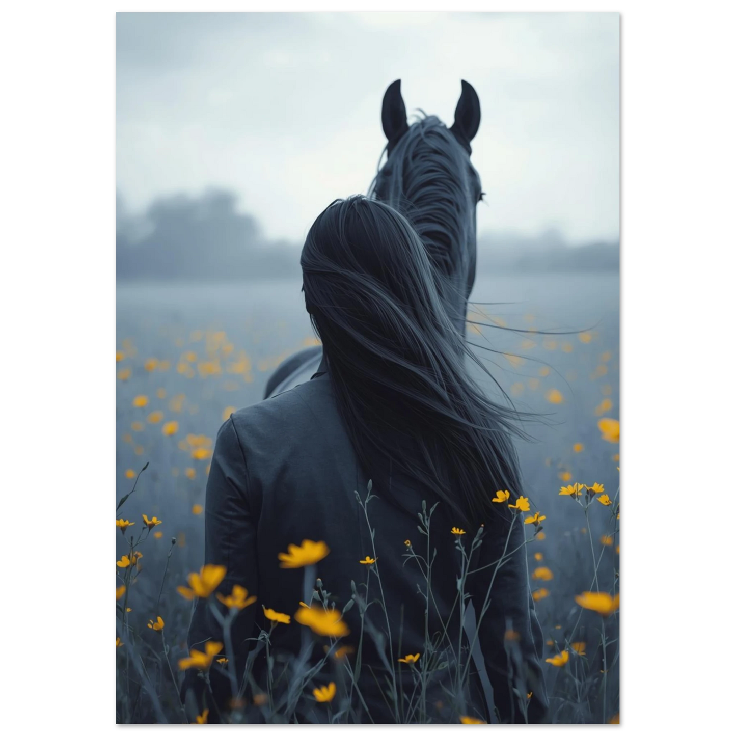 Hästmotiv med person i mörkgrå kläder bland gula blommor – poster
