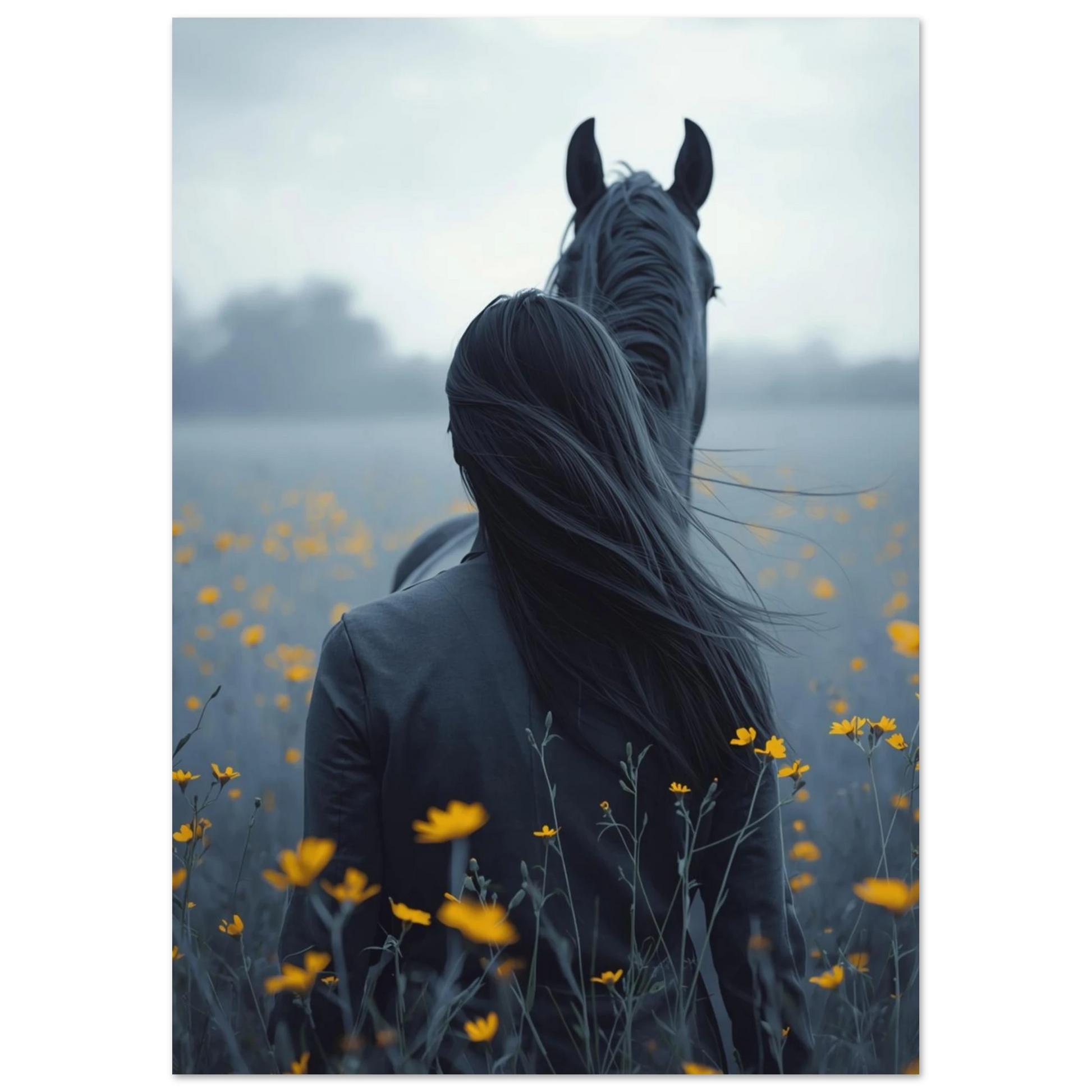 Hästmotiv med person i mörkgrå kläder bland gula blommor – poster