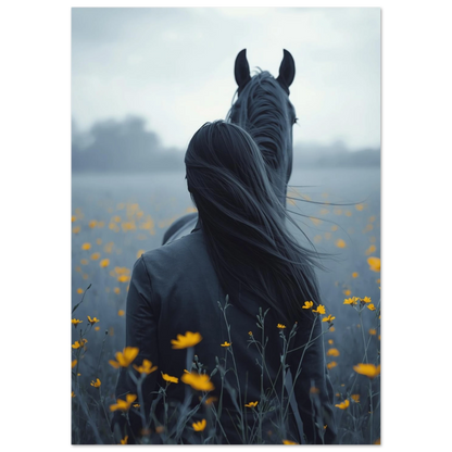 Hästmotiv med person i mörkgrå kläder bland gula blommor – poster