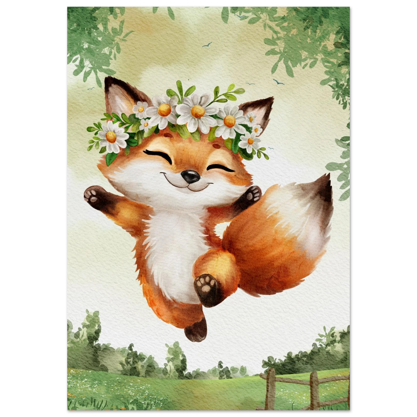 Glad rävunge som hoppar med en blomsterkrans av prästkragar – Målad poster