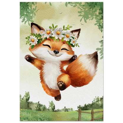 Glad rävunge som hoppar med en blomsterkrans av prästkragar – Målad poster