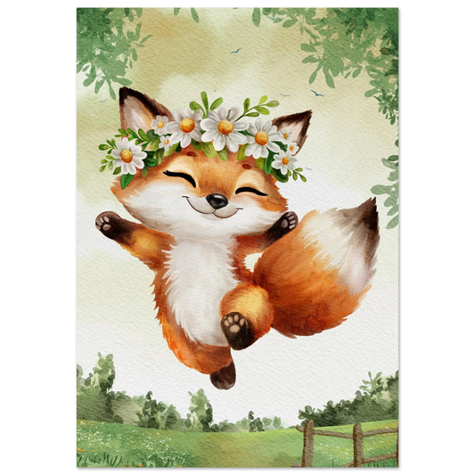 Glad rävunge som hoppar med en blomsterkrans av prästkragar – Målad poster