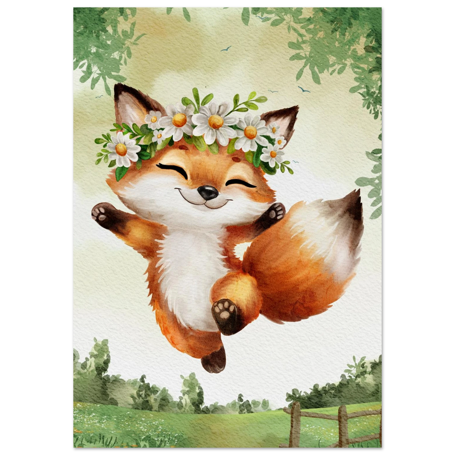 Glad rävunge som hoppar med en blomsterkrans av prästkragar – Målad poster