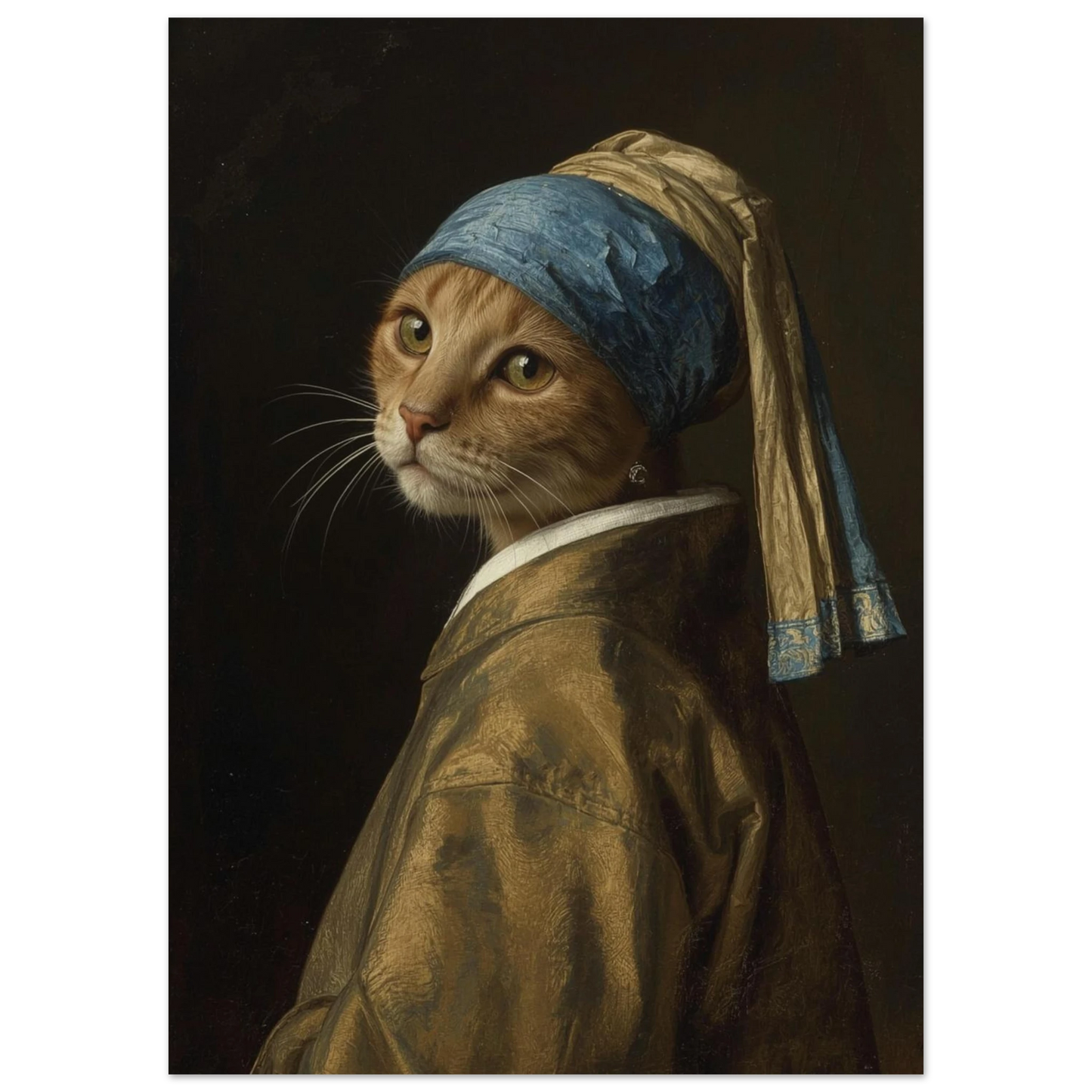 Klassisk oljemålning av katt i blå turban med glittrande pärlörhänge