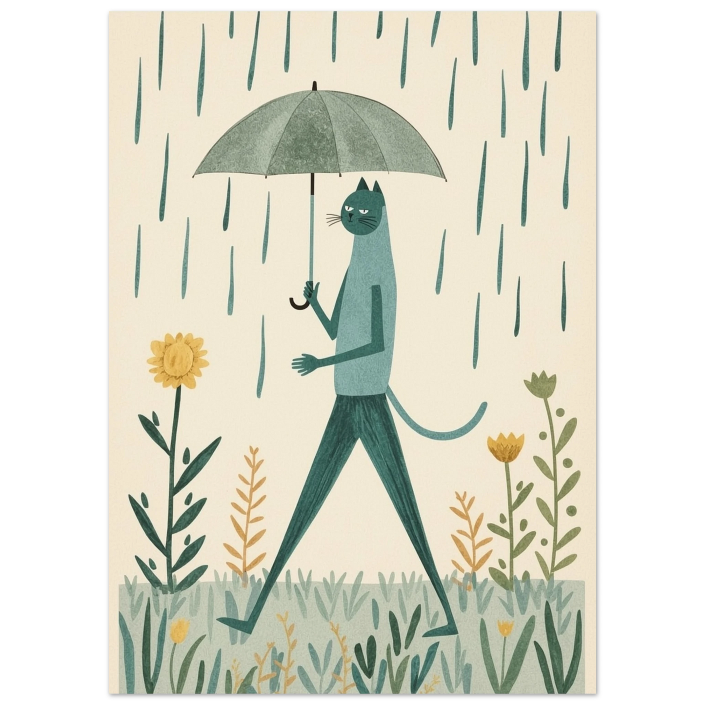 Tecknad katt i regn, detaljbild med fokus på katten och paraplyet – Tecknad poster